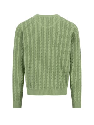 Rückansicht eines hellgrünen Zopfmuster-Pullovers. Der Pullover hat lange Ärmel und einen runden Halsausschnitt. Das Zopfmuster bedeckt die gesamte Fläche des Pullovers. Der Hintergrund ist weiß.