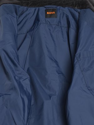 Nahaufnahme der Innenseite einer schwarzen Jacke. Das Innenfutter ist blau und aus glänzendem Stoff. Oben mittig ist ein Etikett mit der Aufschrift BOSS in Orange auf schwarzem Grund.