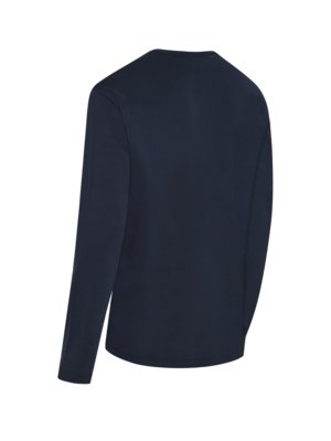 Ein dunkelblaues Langarmshirt mit Rundhalsausschnitt, von hinten fotografiert, auf weißem Hintergrund.