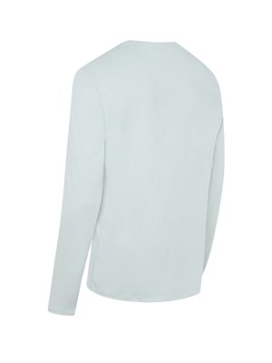 Ein hellblaues Langarmshirt, von hinten gesehen, vor weißem Hintergrund. Das Shirt ist aus glattem Material und hat einen runden Halsausschnitt und lange Ärmel. Der Schnitt ist schmal.