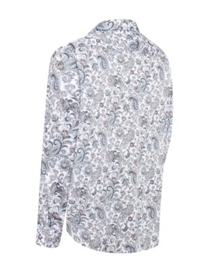 A white, long-sleeved dress shirt is displayed from the back. The shirt is covered in a repeating paisley pattern, in shades of grey, blue, and burgundy. The collar is buttoned. The shirt is slightly off-center.