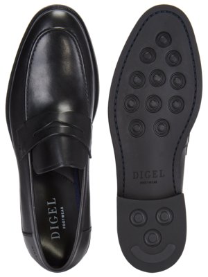 An image shows a black leather penny loafer shoe and the underside of a matching black shoe. The penny loafer is on the left, and the shoe's sole is on the right. The sole has a textured pattern and the brand "DIGEL FOOTWEAR" is visible.