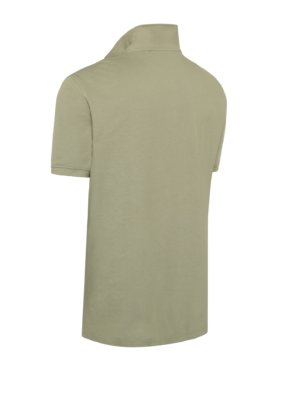 Back view of a tan short-sleeved polo shirt with a collar, displayed on a white background.