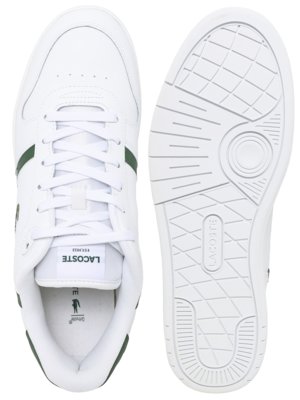 Weißer Lacoste Sneaker mit grünen Akzenten und einer sichtbaren Gummisohle mit Muster.