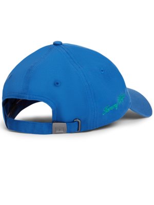 Blauer Baseballcap mit Tommy Hilfiger Schriftzug in Grün und einem grauen Riemenverschluss am Hinterkopf