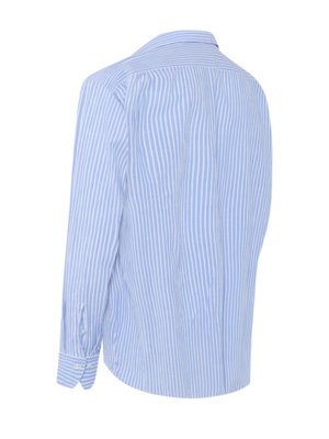 A light blue and white striped long-sleeved dress shirt with a collar and buttoned cuffs.