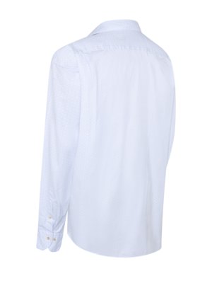 Back view of a white long-sleeved button-down shirt with a subtle geometric pattern and buttoned cuffs.