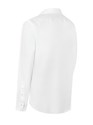 A plain white long-sleeved dress shirt with a folded collar and button cuffs is shown from the back.