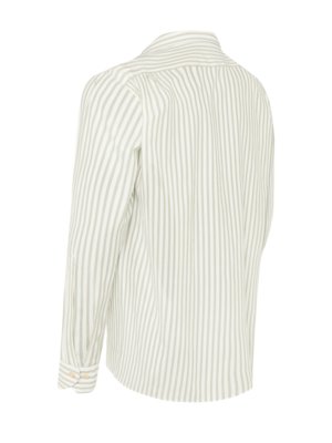 Back view of a light green and white striped long-sleeved shirt with a collared neckline and buttoned cuffs.