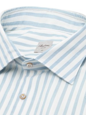 Close-up of a white dress shirt with sky blue vertical stripes and a label showing size 3XL
