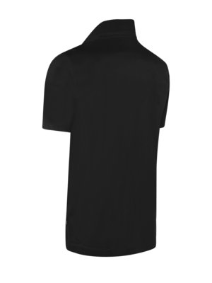 Black short-sleeved polo shirt, shown from the back, with a folded collar and button placket.
