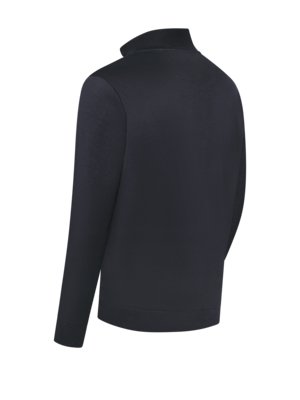 A dark blue quarter zip long sleeve sweater shown from the back and side with a white background.