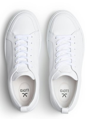 Draufsicht auf zwei weiße Sneakers auf weißem Hintergrund. Die Schuhe sind aus Leder mit Schnürsenkeln. Auf den Innensohlen ist der Schriftzug "LLOYD" und ein Logo mit zwei sich kreuzenden Pfeilen zu sehen.