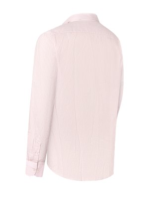 A pale pink collared shirt with thin vertical white stripes, shown from the back and side.