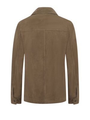 Back view of a brown suede jacket with a collar and button cuffs, featuring a center seam.