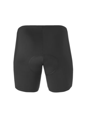 Schwarze Radlerhose mit integriertem Sitzpolster aus weichem, elastischem Material, von hinten gesehen.