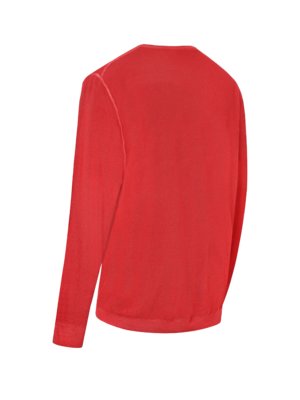 A red, long-sleeved sweater is displayed against a white background. The back of the sweater is visible, showing a crew neck and ribbed cuffs. The material appears soft and light.
