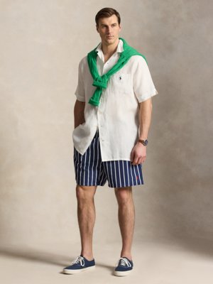 Swim trunks with block stripes and logo embroidery