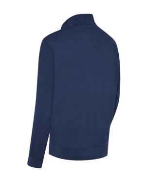 A close-up shot of a dark blue, long-sleeved sweatshirt. The sweatshirt has a collared neckline and a ribbed hemline. The back of the sweatshirt is visible, with the left sleeve extended.
