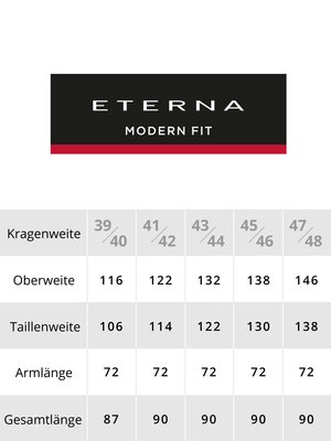 Die Abbildung zeigt ein Größentabelle mit den Maßen für Herrenhemden. Oben ist das Logo "ETERNA MODERN FIT". Die Tabelle enthält Kragenweite, Oberweite, Taillenweite, Armlänge und Gesamtlänge. Die Maße variieren je nach Größe.