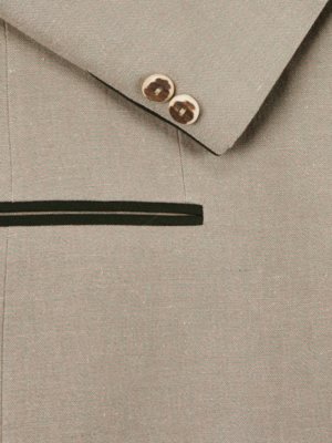 Close-up of a light gray jacket. Visible are two brown buttons on the jacket's lapel. The jacket's pocket area displays a dark trim, with a horizontal pocket flap. Fabric has visible texture.