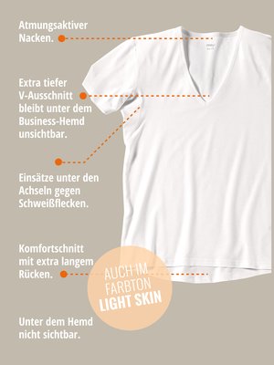 Ein weißes T-Shirt mit V-Ausschnitt, auf dem verschiedene Merkmale hervorgehoben werden: atmungsaktiver Nacken, tiefer V-Ausschnitt, Einsätze unter den Achseln und Komfortschnitt mit extra langem Rücken. In der Farbe Light Skin.
