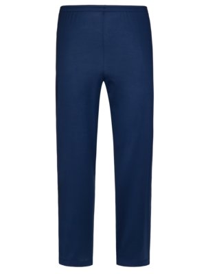 Eine blaue, eng anliegende Hose, vermutlich aus Jersey-Stoff. Die Hose hat einen elastischen Bund und gerade Hosenbeine. Das Produkt ist von vorne fotografiert und vor weißem Hintergrund.