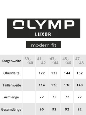 An image shows a product chart with the Olymp Luxor logo and the text "modern fit." The chart displays measurements for Kragenweite, Oberweite, Taillenweite, Armlänge, and Gesamtlänge, with corresponding size numbers.