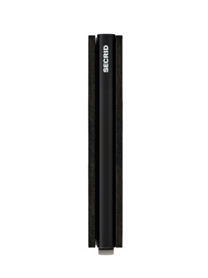 A vertically oriented image showing a black, rectangular wallet. A black cylinder with the word "SECRID" is in the center. Dark, textured panels frame the cylinder on both sides, sitting on a white base.