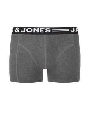 Graue Herren-Boxershorts. Der Bund ist schwarz mit weißem Schriftzug "& JONES" und "JACK". Das Kleidungsstück hat eine helle Naht entlang der Konturen.