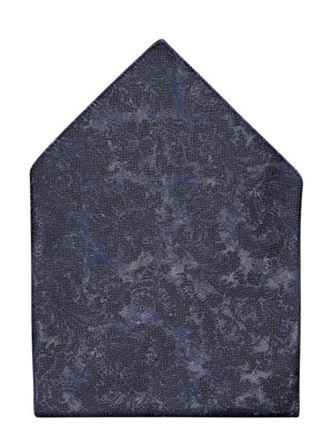 A navy blue pocket square with a light gray, textured pattern. The pocket square is folded in a triangle shape, with the apex at the top and a rectangular base. The background is plain white.