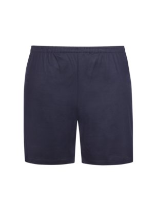 Kurze, marineblaue Shorts auf weißem Hintergrund. Die Shorts haben einen elastischen Bund und gerade geschnittene Beine. Die Stoffoberfläche ist glatt und ohne sichtbare Musterung.