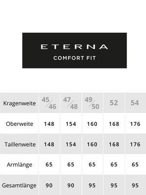 Das Bild zeigt eine Größentabelle der Marke Eterna. Die Tabelle enthält Angaben zu Kragenweite, Oberweite, Taillenweite, Armlänge und Gesamtlänge in verschiedenen Größen. Oben steht Eterna Comfort Fit.
