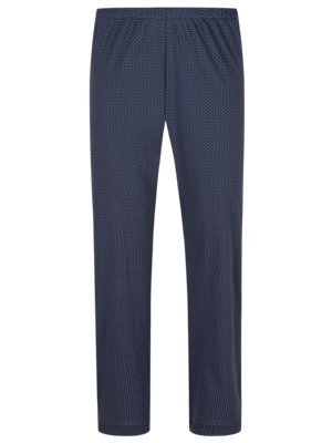 A pair of dark blue pants with a pattern of small white dots, likely pyjama pants. The pants have a straight leg and elasticated waistband. The fabric has a slightly shiny appearance.