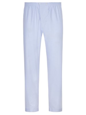 Hellblaue Hose aus einem leichten Stoff. Die Hose hat einen elastischen Bund mit Knopf und eine verdeckte Knopfleiste. Beide Hosenbeine sind gerade geschnitten und enden mit einem schmalen Saum.