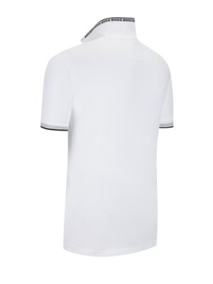 A white polo shirt with a folded collar is shown from the back, angled slightly to the left. The collar features the word "BOSS" in a repeating pattern. The sleeves have a gray stripe.