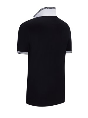 A navy blue polo shirt viewed from the back and side. The collar is white with the word BOSS printed multiple times in black. The sleeves have a white and grey stripe trim.