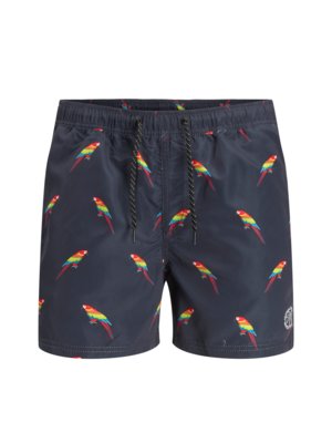 Swimming trunks with parrot print