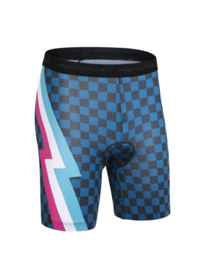 Cycling shorts with checkerboard pattern and coloured stripes