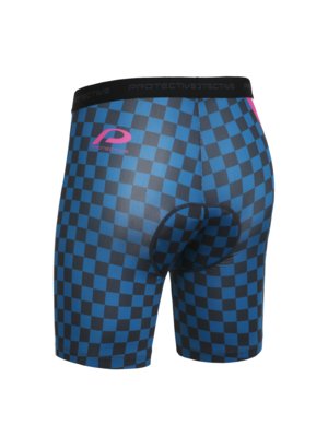 Cycling shorts with checkerboard pattern and coloured stripes