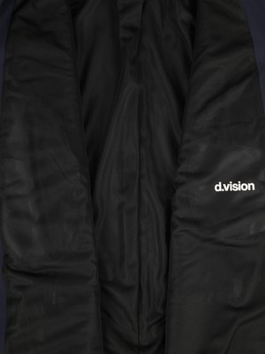 Close-up of dark fabric with a textured, mesh-like appearance. The fabric is black with subtle folds and creases. At the top right, white text reads "d.vision". The background has a dark blue tone.