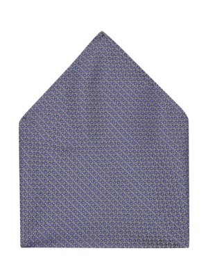 A folded blue pocket square with a repeating pattern of small blue and white circles. The pocket square is placed on a white background, with the shape resembling a diamond.