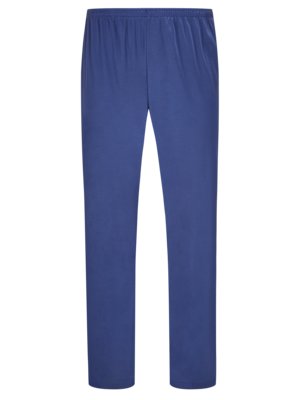 Ein blaues Hosenbein auf weißem Hintergrund. Die Hose ist gerade geschnitten, mit einem elastischen Bund. Die Hose scheint aus einem weichen Stoff zu bestehen.