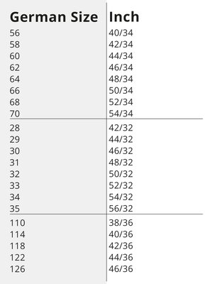 A table shows clothing size conversions, titled "German Size" and "Inch." Values range from 56 to 70 German size, with corresponding inch measurements. Other sizes are 28-35 and 110-126, each with inch equivalents.