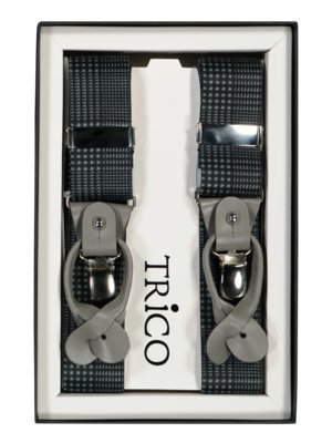 Suspenders with leather loops and tartan pattern