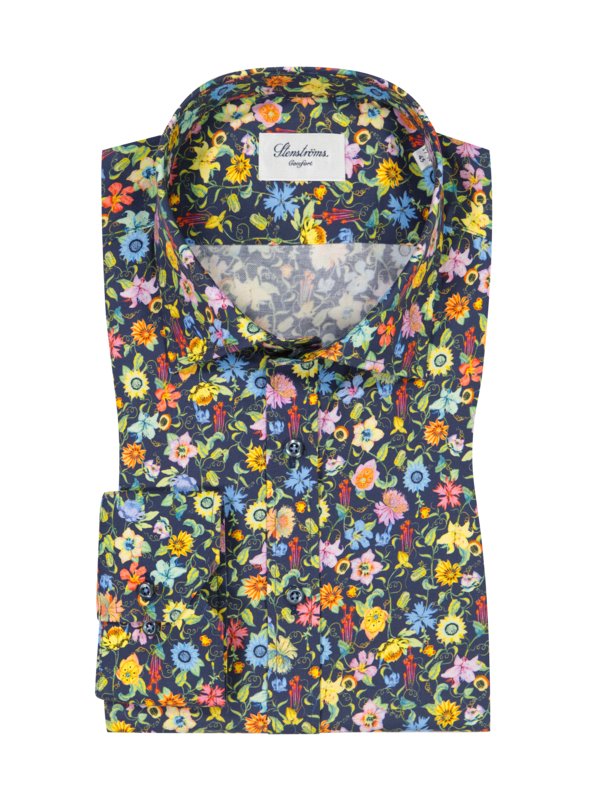 Levně Stenströms, Košile s květinovým potiskem, dvojmo skaná (2 fold) super bavlna, comfort fit NámořnickáModrá