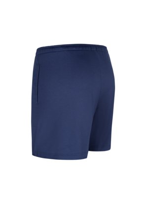 Dunkelblaue Shorts von hinten gesehen, im Stil eines Sportanzugs. Sie haben einen elastischen Bund, zwei Taschen und sind aus einem weichen Stoff gefertigt. Der Hintergrund ist weiß.