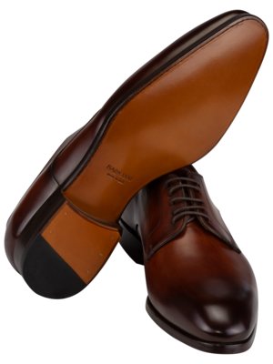 Zwei braune Lederschuhe. Der linke Schuh ist von unten nach oben gezeigt, die Sohle ist hellbraun mit schwarzem Absatz. Der rechte Schuh ist von vorne zu sehen, mit Schnürsenkeln.