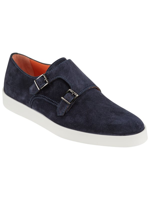 Doppelmonk-Schuhe aus Veloursleder mit Sneaker-Sohle von Santoni in Marine