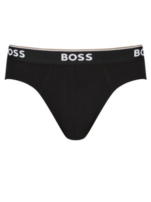 Schwarze Herrenunterhose der Marke BOSS. Auf dem breiten Bund steht in weißer Schrift "BOSS". Der Bund hat einen dünnen weißen und einen beigen Streifen. Die Unterhose ist ohne Muster.